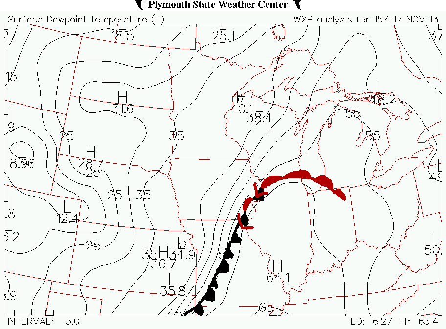 Surface dew points at 15Z with the frontal system annotated on it