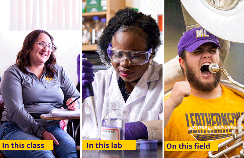 Students in a class lab and on a field