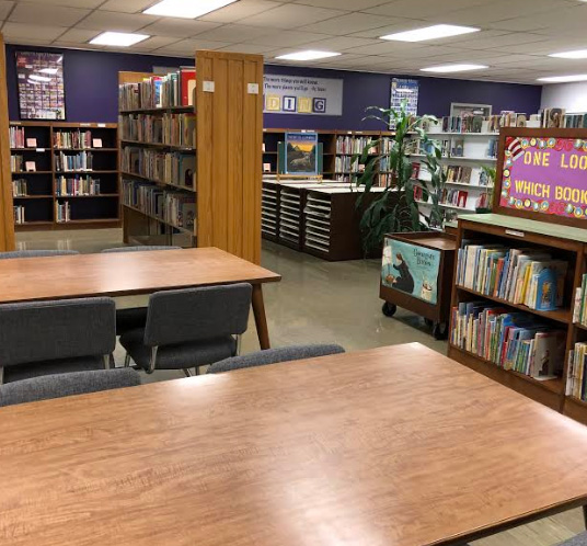 photo of shelves of books and counter