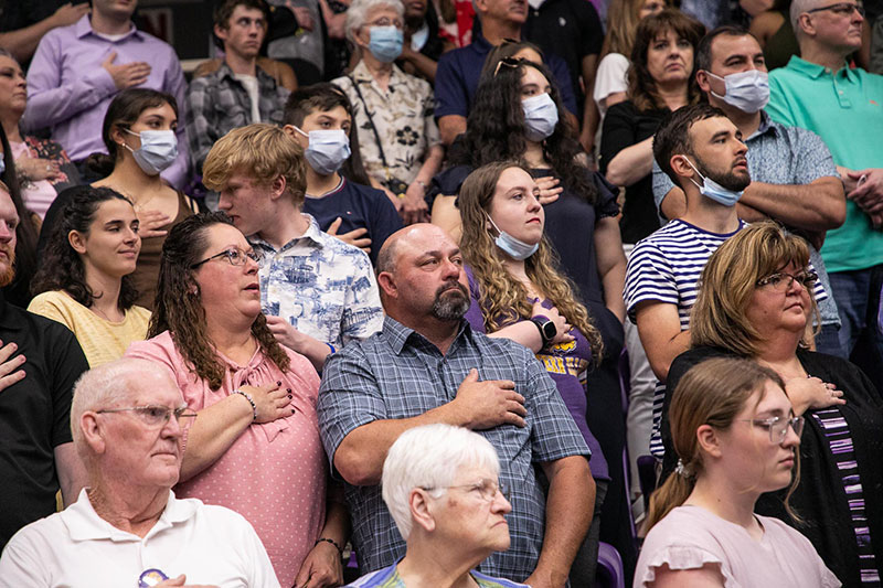 photo of crowd with umbrellas at spring 2021 outdoor commencement