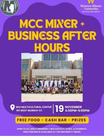  The WIU Multicultural Center (MCC) will host a joint MCC Mixer and Macomb Area Chamber of Commerce Business After Hours event from 4:30–6 p.m. Tuesday, Nov. 19.