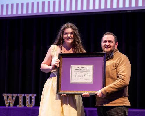 Reagan Erickson (left), senior Speech Pathology and Audiology student from Geneseo, IL, was awarded the William E. Brattain Award at the annual Office of Student Engagement awards in April.