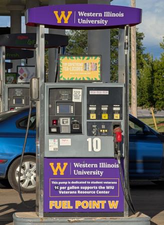 The ''Fuel Point W'' initiative features WIU-themed gas pumps at the Macomb Hy-Vee gas station. One cent for each gallon pumped will be donated to the WIU Veterans Resource Center.