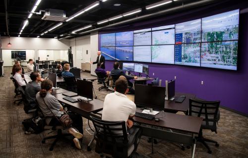 Students in the new Emergency Operations Center at Western Illinois University. A ribbon cutting will be held on Monday, Sept. 21.