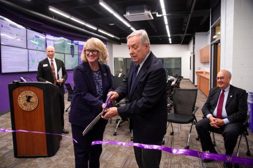 WIU President Kristi Mindrup and U.S. Senator Dick Durbin cut the ribbon on the new Emergency Operations Center.