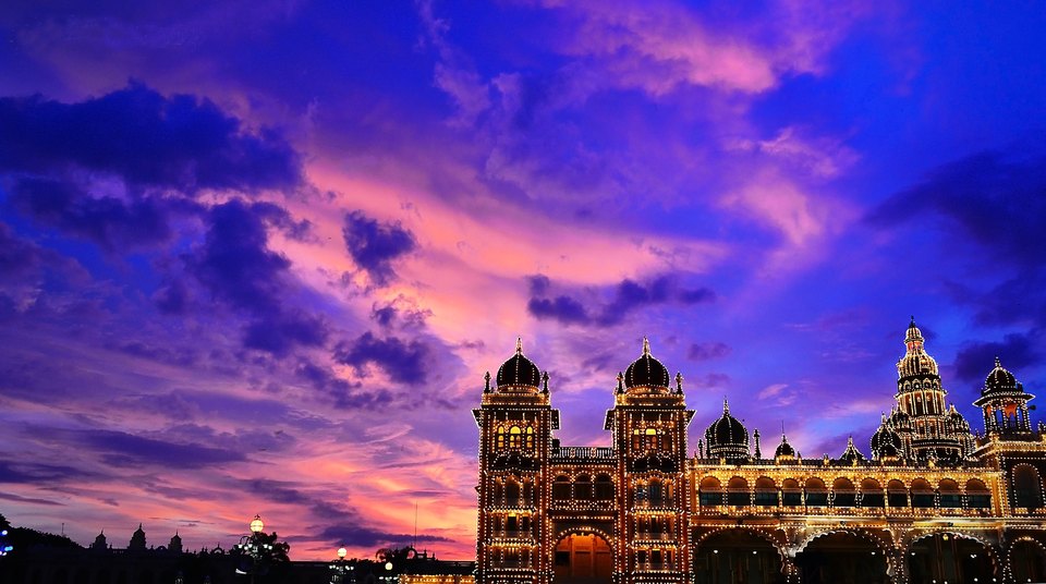 Mysore Palace illuminated during Dasara celebrations in Karnataka, India, in 2011