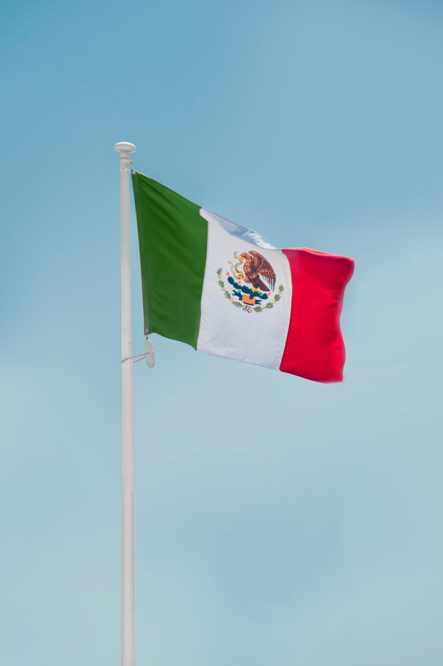 The Mexican flag waving against a clear sky